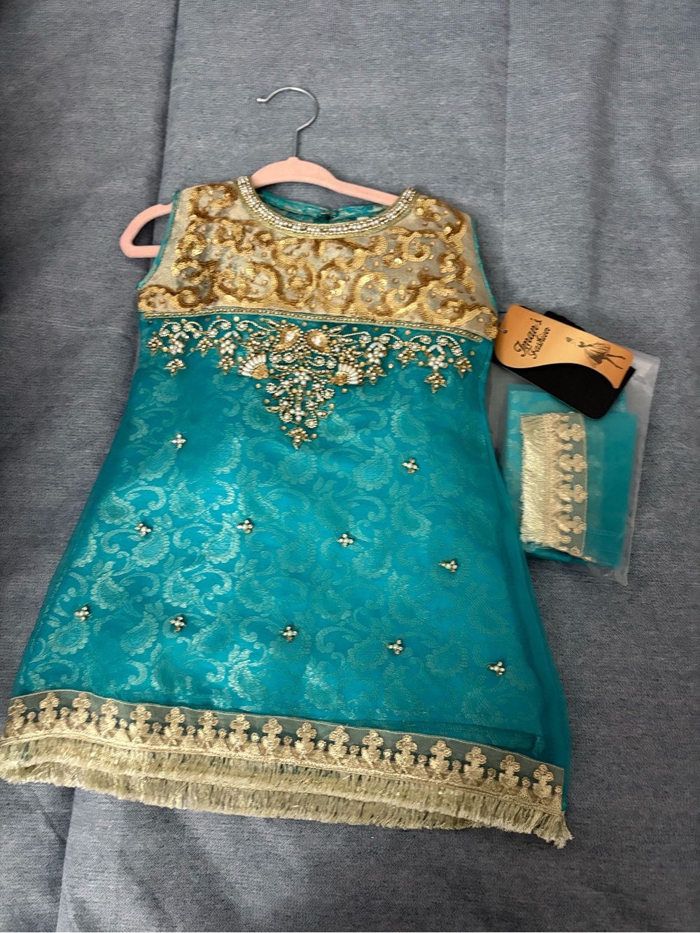 Embroidered Teal & Gold Party Dress
